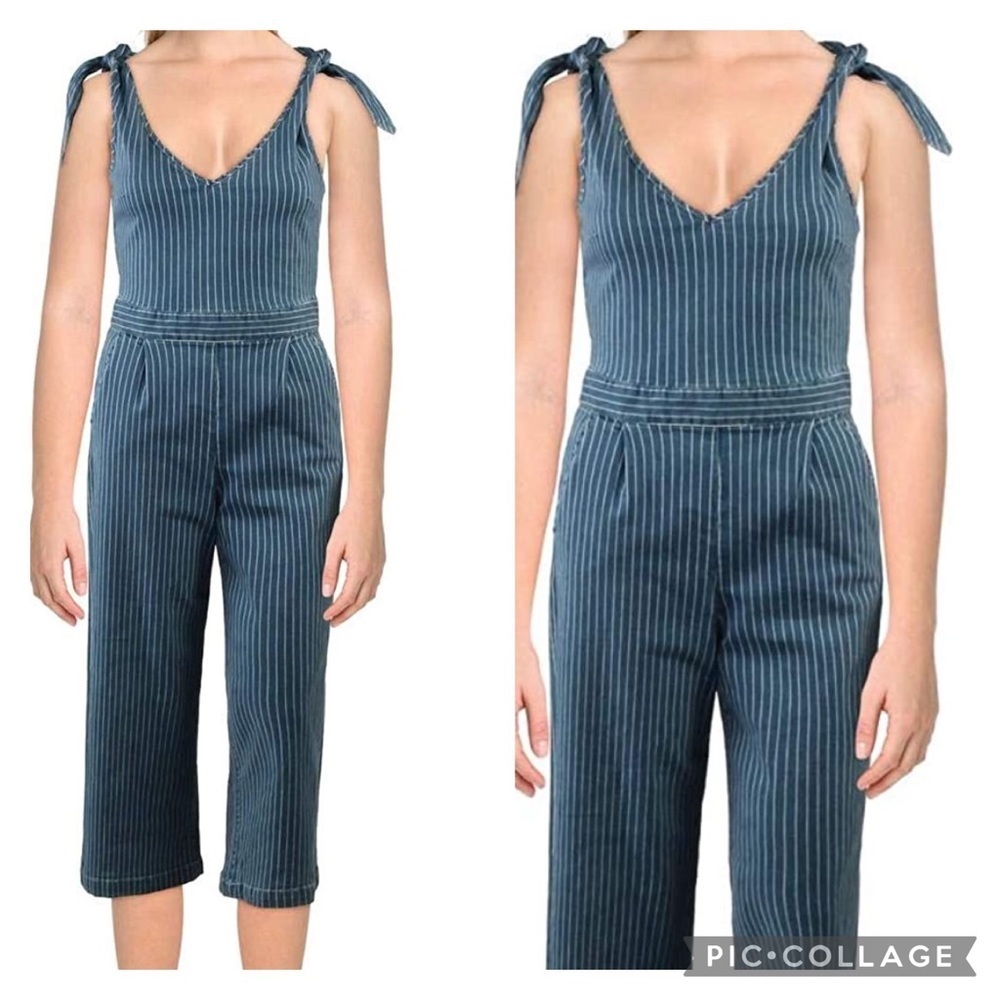 - Chelsea & Violet Womens Denim Striped Jumpsuit Blue